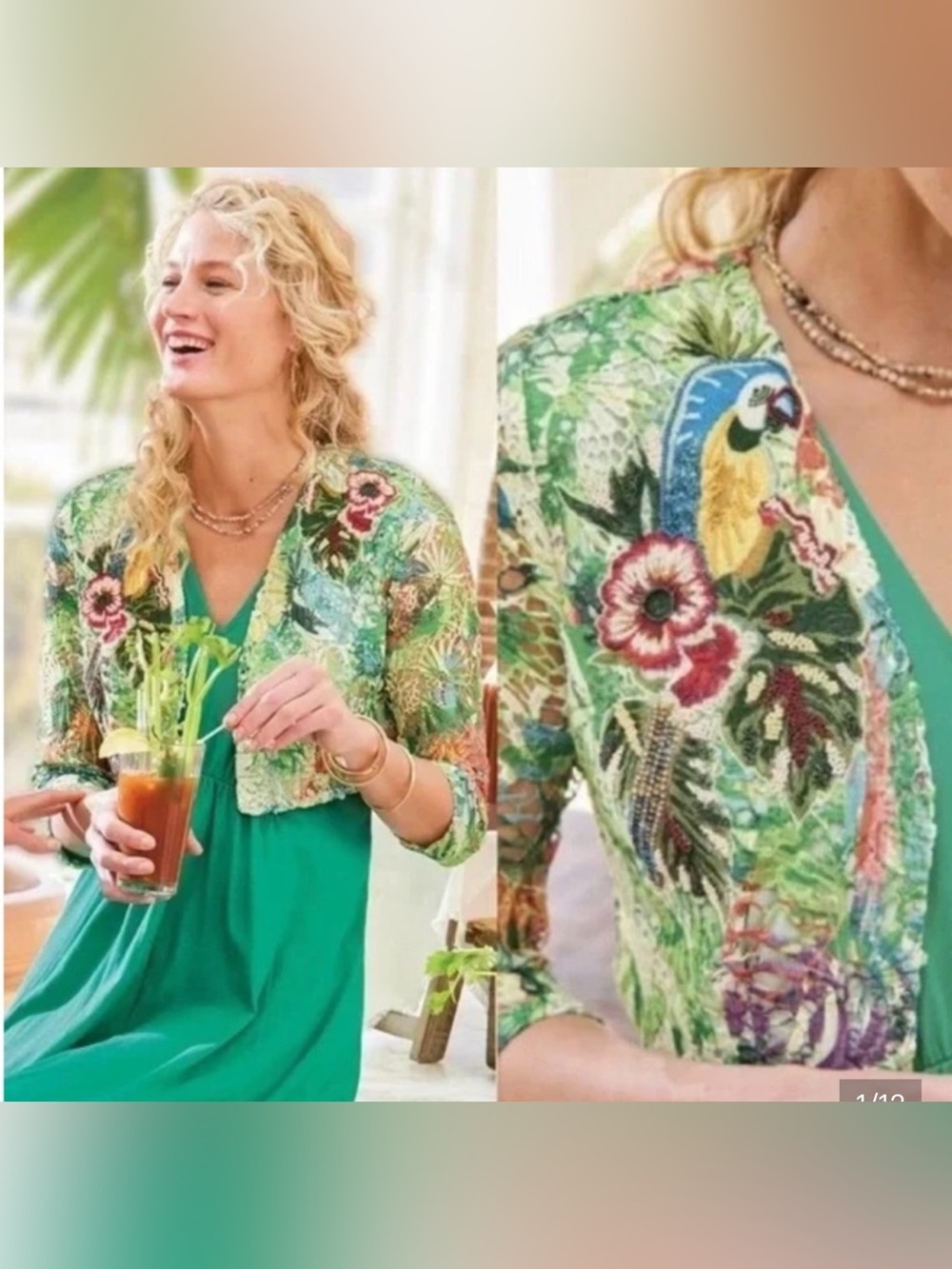 Soft Surroundings Tropical Embroidered & Beaded Bolero Cropped Jacket